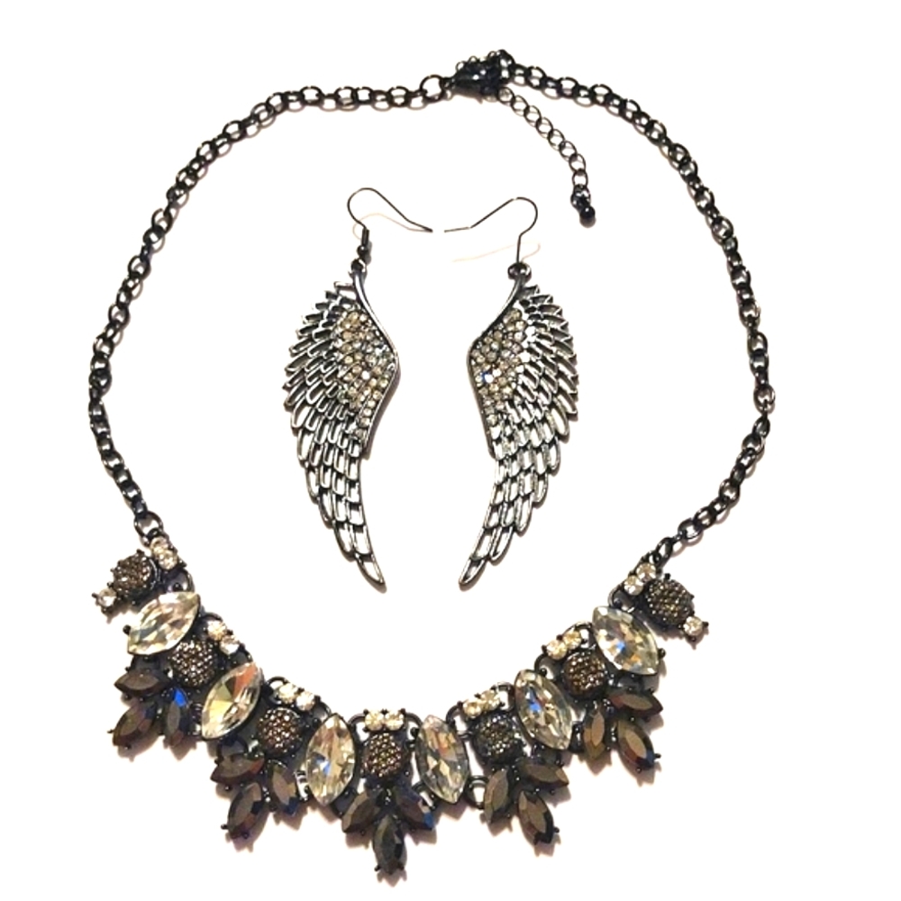 Black Owl Necklace And Black Wings Earrings Jewelry Set